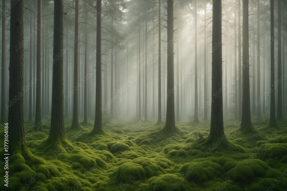 Naklejka premium Deep Scandinavian forest carpeted with emerald moss and soft morning mist