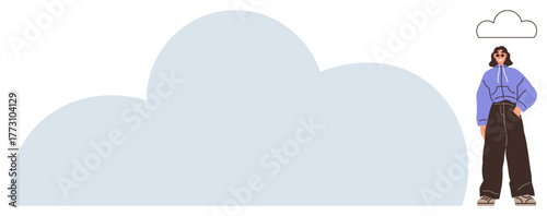 Woman in modern outfit beside oversized cloud shape and a small minimalist cloud above. Ideal for creativity, individuality, self-expression, innovation, design inspiration, cloud-based concepts