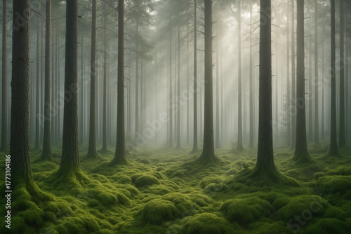 Deep Scandinavian forest carpeted with emerald moss and soft morning mist
