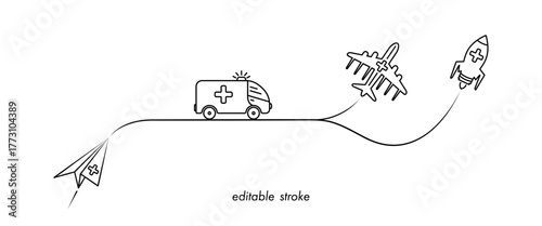 Editable stroke medical care illustration with ambulance car, paper plane, airplane, rocket, medical cross. Abstract health care design to use for medical emergency, medical business projects.