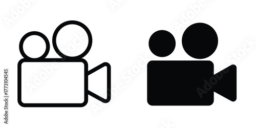 Video Camera Icon Set – Black and White Movie Recording Symbol, Flat Minimal Design for Media and Film