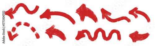 Set of red grunge arrows drawn with brush texture. Hand drawn messy sketch vector illustration isolated on white. Rough marker style elements for infographic, note, design highlight or direction.