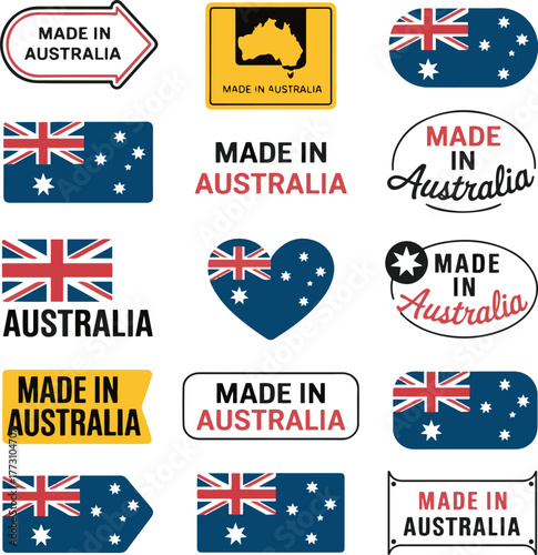 Made in Australia label icons set with Australian flag and map shapes. Vector product origin and export quality badges for manufacturing, packaging, and trade branding design.