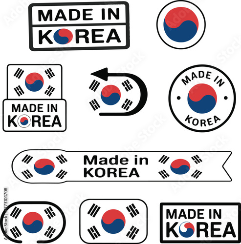 Made in Korea labels and badges set featuring South Korean flag and map icons. Vector product origin, export, and manufacturing stickers for branding, trade, and packaging design.