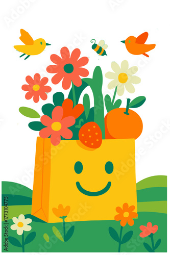 Reusable shopping bag with flowers and fruits flat vector illustration, eco-positive
