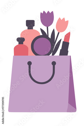 Beauty shopping bag with cosmetics and flowers flat minimal vector illustration