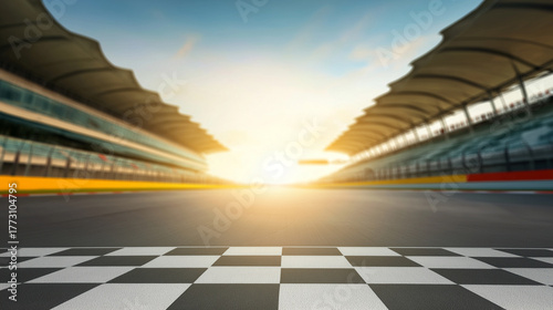Empty International Asphalt Race Track with the Checkered Finish Line and Blurred Stadium Grandstands Converging on Bright Sunlight. Competition success, business goal achievement, starting line