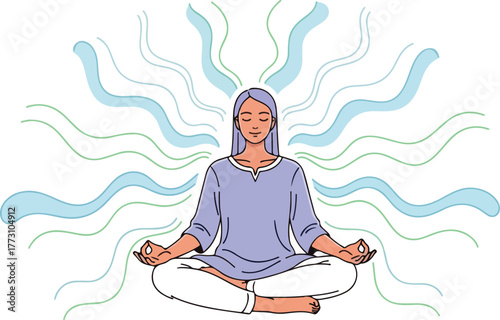 A serene woman in a lotus position with emanating energy lines, meditating peacefully.