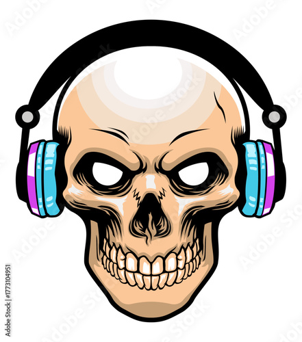Rhythmic Resonance: A skull dons headphones, embodying the fusion of life and sound. It captures the dynamic interplay between darkness and rhythm.