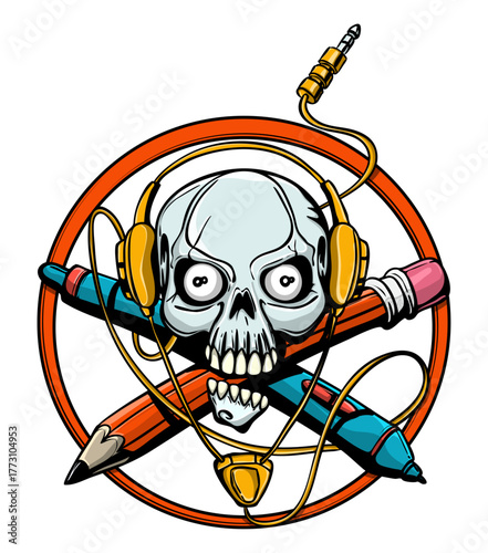 Artistic Fusion: A captivating image combines the elements of art and music, featuring a skull adorned with headphones, set against crossed pens and a circle