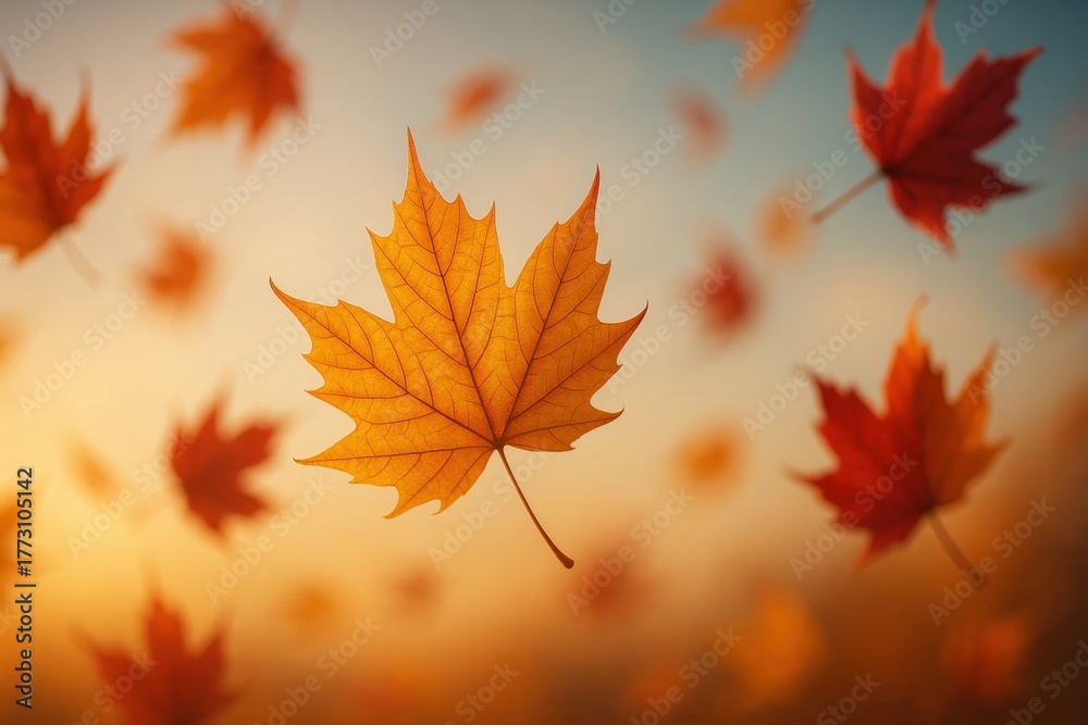 Fototapeta premium Golden autumn leaves swirling in breeze with soft sky backdrop seasonal falling foliage