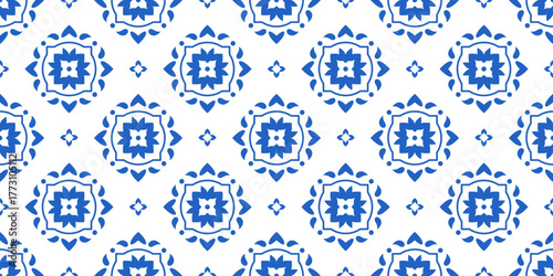 Blue geometric seamless pattern, Mediterranean Ceramic. Sicilian, Portuguese, Spanish tile traditional design, porcelain pottery. Vector isolated on white background