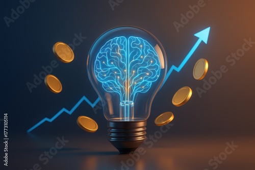 Glowing neural light bulb with flowing brain circuits and rising finance graph on gradient