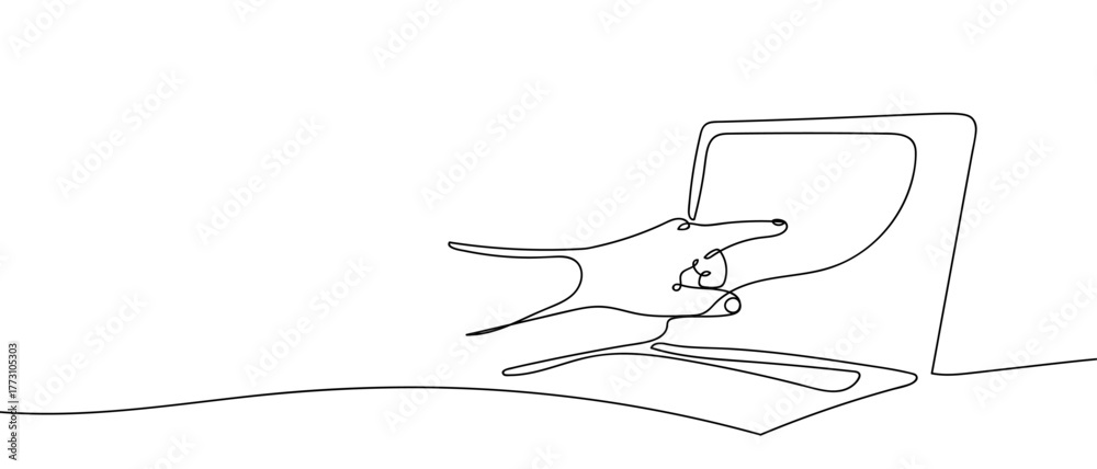 Fototapeta premium Hand pointing at laptop screen, one continuous line. outline isolated vector illustration Editable stroke.