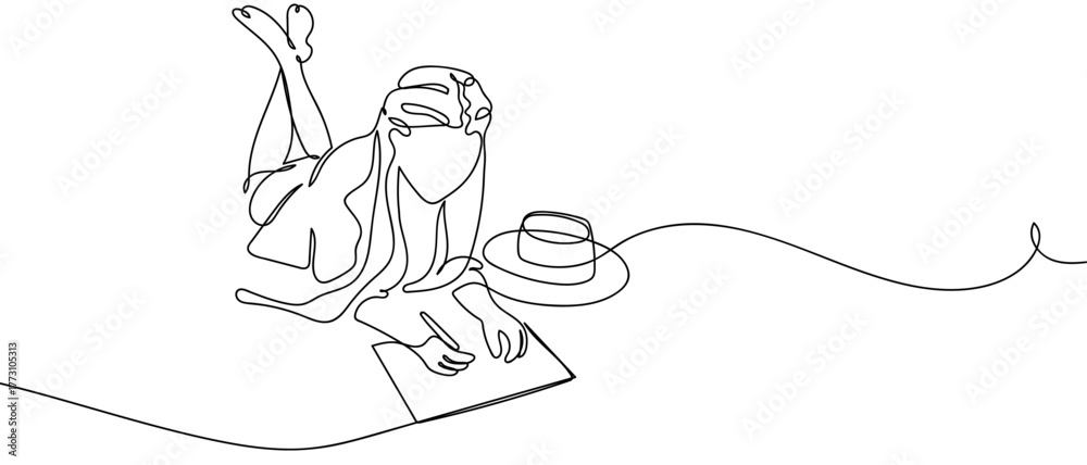 Fototapeta premium A woman is lying down reading a book happily. One continuous line. outline isolated vector illustration Editable stroke.