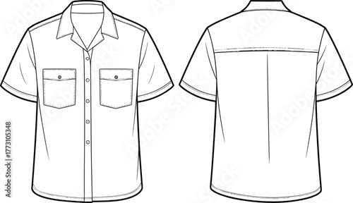 Short sleeve button front shirt flat sketch, collared casual shirt with flap pockets and back yoke seam, front and back view fashion CAD vector illustration