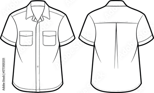 Short sleeve button up shirt flat sketch, classic collared shirt with front pockets and back yoke, front and back view fashion CAD vector illustration