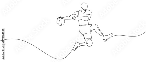 A basketball player is dunking one line in a row. outline isolated vector illustration Editable stroke.