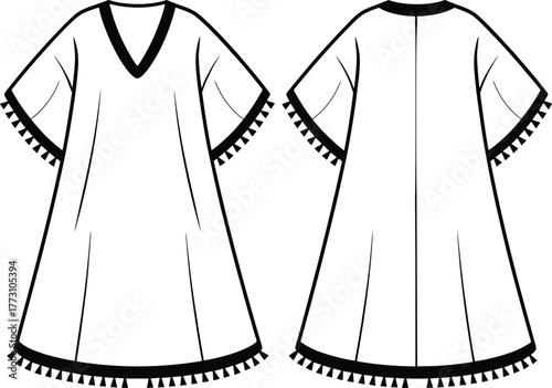 Kaftan dress flat sketch, V-neck loose tunic dress technical drawing with tassel trim, front and back view fashion CAD vector illustration