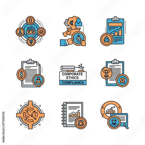 Corporate Ethics Compliance Integrity Line Icons Vector Illustration for Business Management Ethics Value Responsibility and Law Regulation