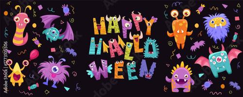 Happy Halloween Banner. Vector cute childish illustrations with alien characters, funny monster, ghost for greeting card, kids party.