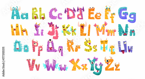 Little cute monster alphabet for baby design with funny cartoon letters for children. Kawaii font with numbers for invitation, greeting card, kindergarten banner. Vector hand drawn illustration