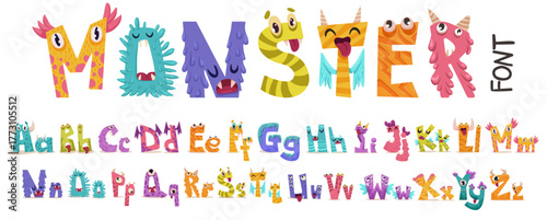 Monster kids font, funny playful alphabet, hand drawn letters and numbers. School wax crayon abc for educational banners in kindergarten. Vector children illustration with cute monsters
