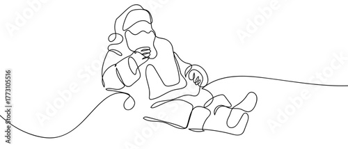 Santa Claus sits on a sleigh, one continuous line. outline isolated vector illustration Editable stroke.