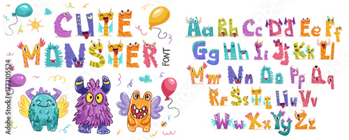 Little cute monster alphabet for baby design with funny cartoon letters for children. Kawaii font with numbers for invitation, greeting card, kindergarten banner. Vector hand drawn illustration