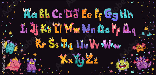 Monster kids font, funny playful alphabet, hand drawn letters and numbers. School wax crayon abc for educational banners in kindergarten. Vector children illustration with cute monsters