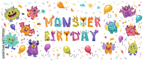 Monster party banner design. Cute creatures with text and colorful party elements, balloons. Vector cartoon flat Illustration