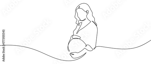 Pregnant woman, one continuous line outline isolated vector illustration Editable stroke.
