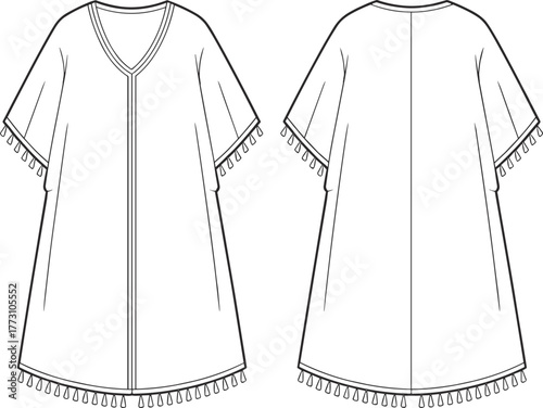 Loose fit short sleeve tassel dress front and back view, v neck tunic garment fashion template, clothing flat sketch, cad drawing flat vector illustration