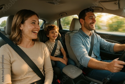 Happy family road trip laughing together in spacious car with sunlight streaming in