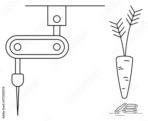 Robotic arm with precision tool next to carrot and stacked coins. Ideal for agriculture, technology, robotics, automation, investment, sustainability, growth. Simple flat metaphor