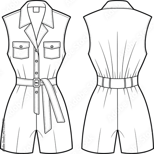 Sleeveless romper front and back technical drawing, collared neckline with button front, chest flap pockets, belted waist shorts design