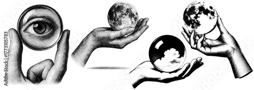 Vintage engraving of human hands holding glass spheres — reflections of the moon, clouds, and an eye. Mystical surreal illustration, isolated on white.