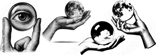 Vintage engraving of human hands holding glass spheres — reflections of the moon, clouds, and an eye. Mystical surreal illustration, isolated on white.