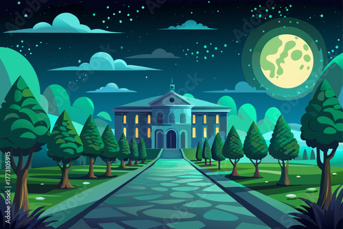 The green space with pleasant cobblestones at night, extended towards a magnificent building; The full moon and stars shine like diamonds in the calm sky.
