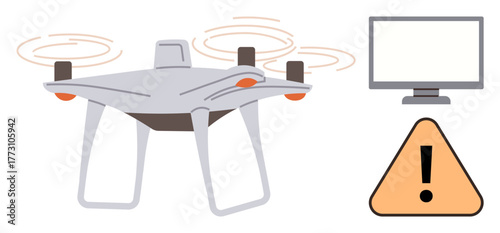 quadcopter with propellers spinning, yellow alert sign with exclamation mark, and computer screen. Ideal for technology, security, surveillance, risk, caution innovation and UAV themes. Simple flat