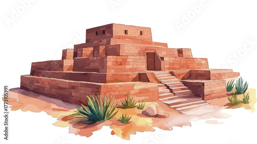 Tiwanaku Archaeological Site. Tiwanaku Archaeological Site hand drawn watercolor illustration