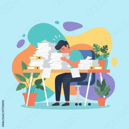 Exhausted man buried under massive paperwork pile Stress overwork and job burnout concept illustration