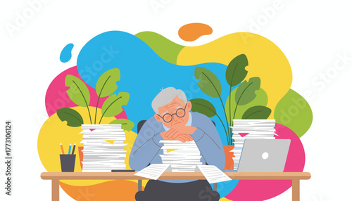 Tired senior man resting head on a pile of paperwork Business burnout and stress illustration