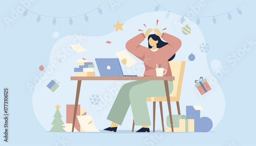 Christmas work stress Woman overwhelmed by deadlines papers and holiday pressure