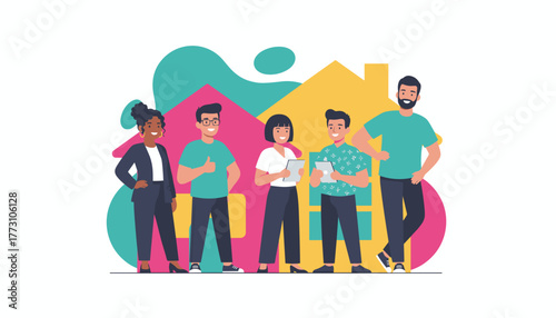 Happy diverse team representing real estate community or home services