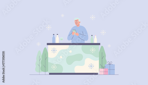 Senior man using smartphone at a festive winter bar counter with drinks and gifts