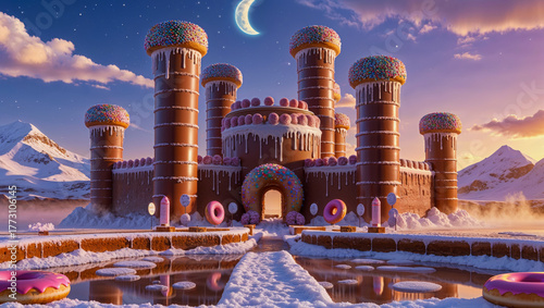 AI-generated image of a 3D Animation style of a landscape made of mouthwatering doughnut dreamscape castle