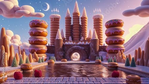 AI-generated image of a 3D Animation style of a landscape made of mouthwatering doughnut dreamscape castle