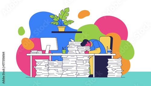 Exhausted worker asleep on the desk buried under huge stacks of paperwork symbolizing stress and burnout