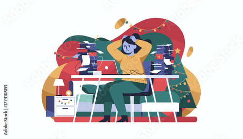 Stressed worker overwhelmed by huge paperwork stacks and deadlines during the busy holiday season